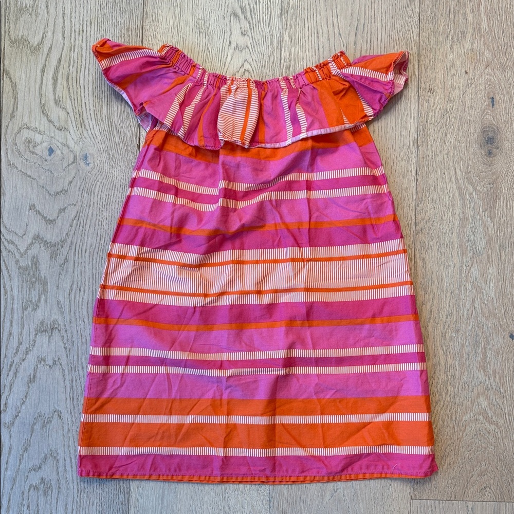 Lands’ End Pink & Orange Striped Dress – Little Girls M (5–6), 100% Cotton, EUC